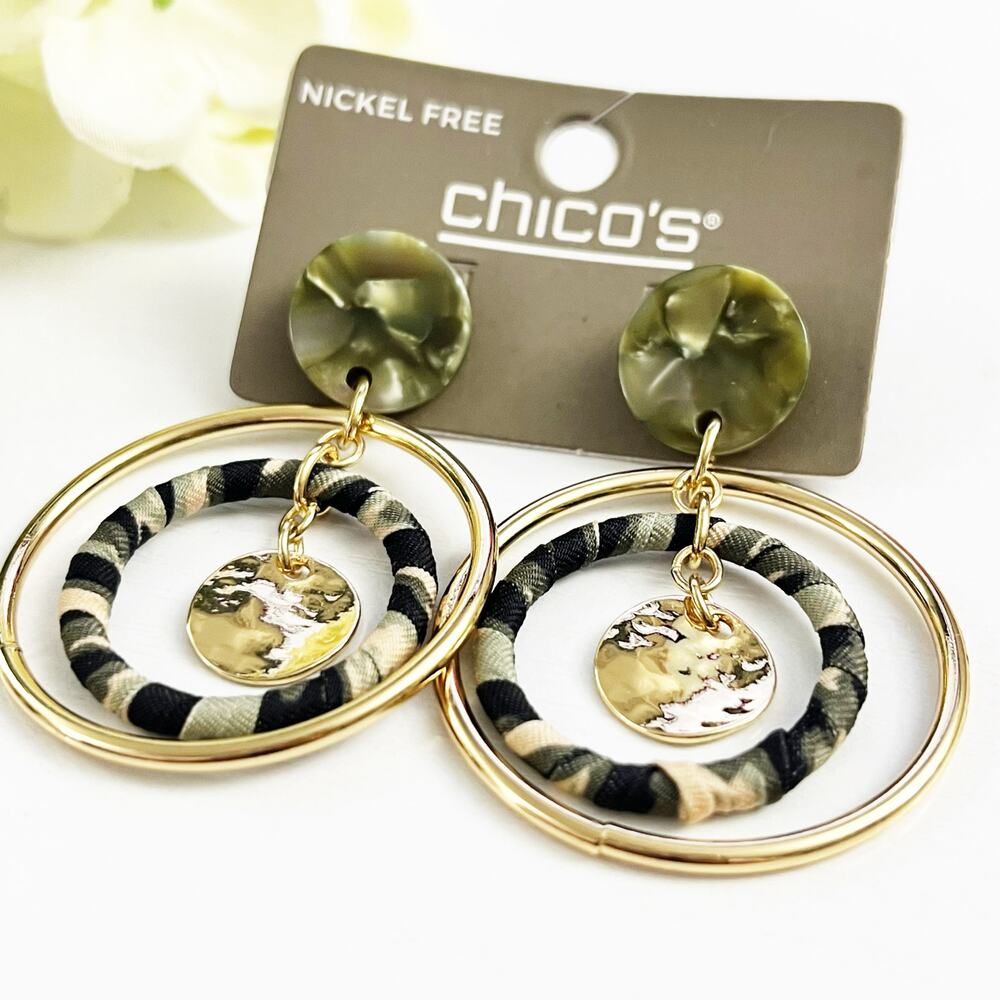 NEW Chico's Gold Tone & Green Hoop Drop Earrings - Picture 2 of 5